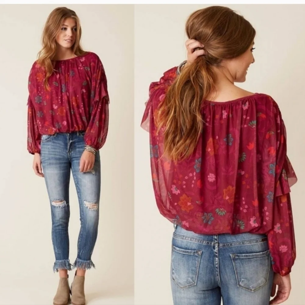 FREE PEOPLE Sheer Floral Wildflower Ruffle Sleeve Boho Blouse. XS